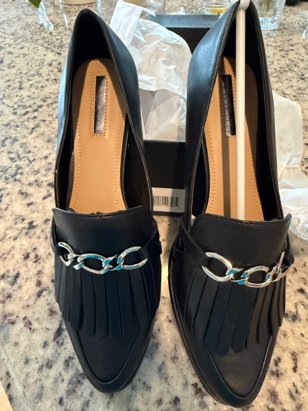 Tahari Black Fringe Loafers with Silver Chain Accent - Picture 3 of 4